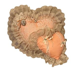 Lace Heart Pillows 2 Vtg Handmade Peach Antique Cream Ruffle Bow Pearl Coquette